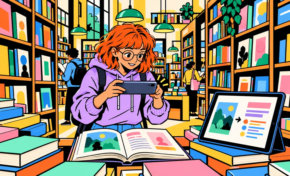 Illustration : Chloé photographie une page de livre dans une librairie internationale pour la traduire
