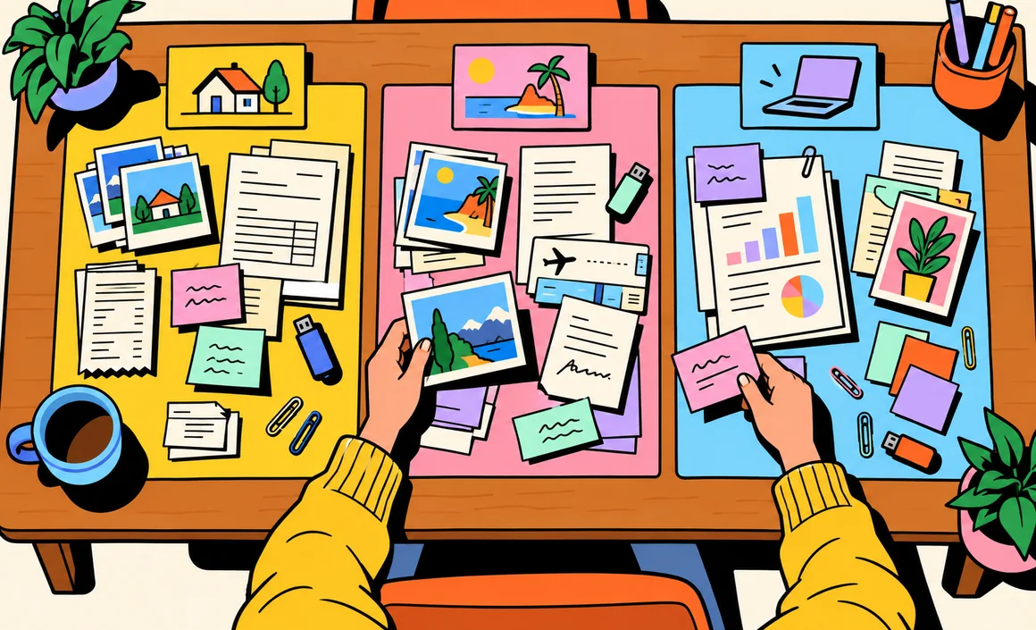 Illustration : vue de dessus de documents triés en trois zones colorées représentant trois projets