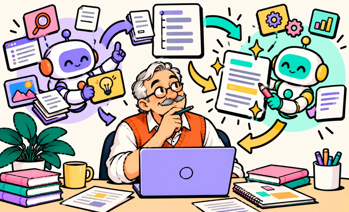 Illustration : Bernard fait travailler deux assistants IA ensemble, de la recherche au document final
