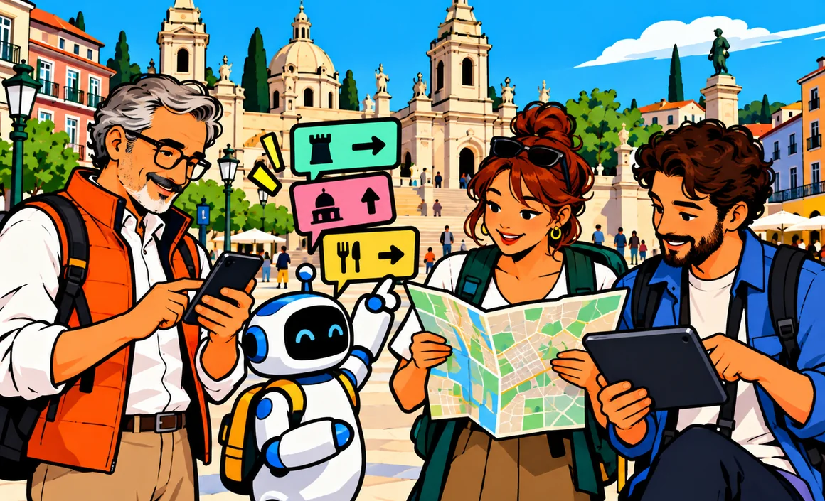 Illustration : Bernard et ses proches visitent une ville, guidés par un petit robot compagnon