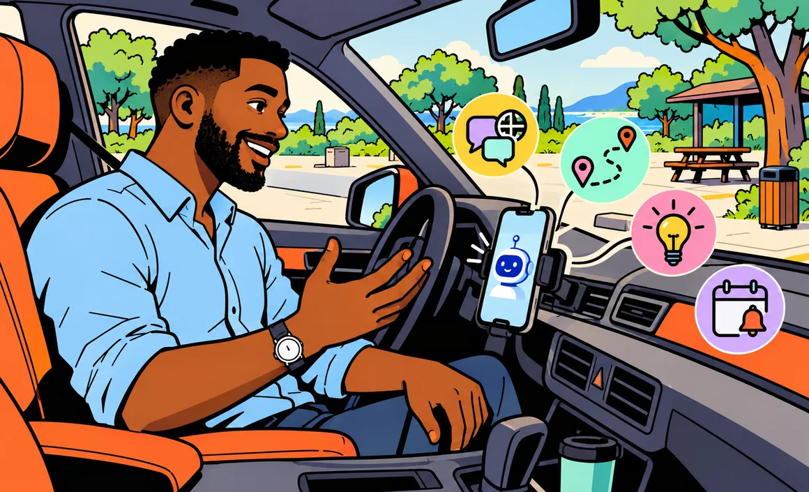 Illustration : Malik converse avec l’IA dans sa voiture à l’arrêt sur une aire de repos