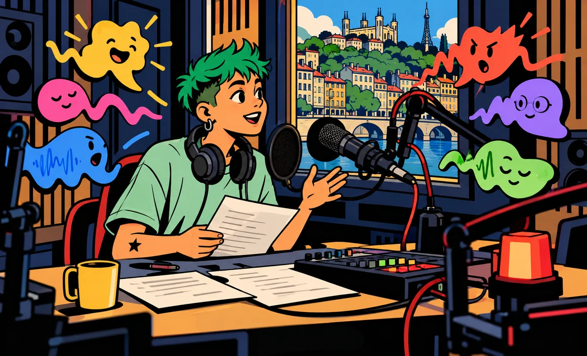 Illustration : Sam prépare une voix off dans un studio de radio à Lyon